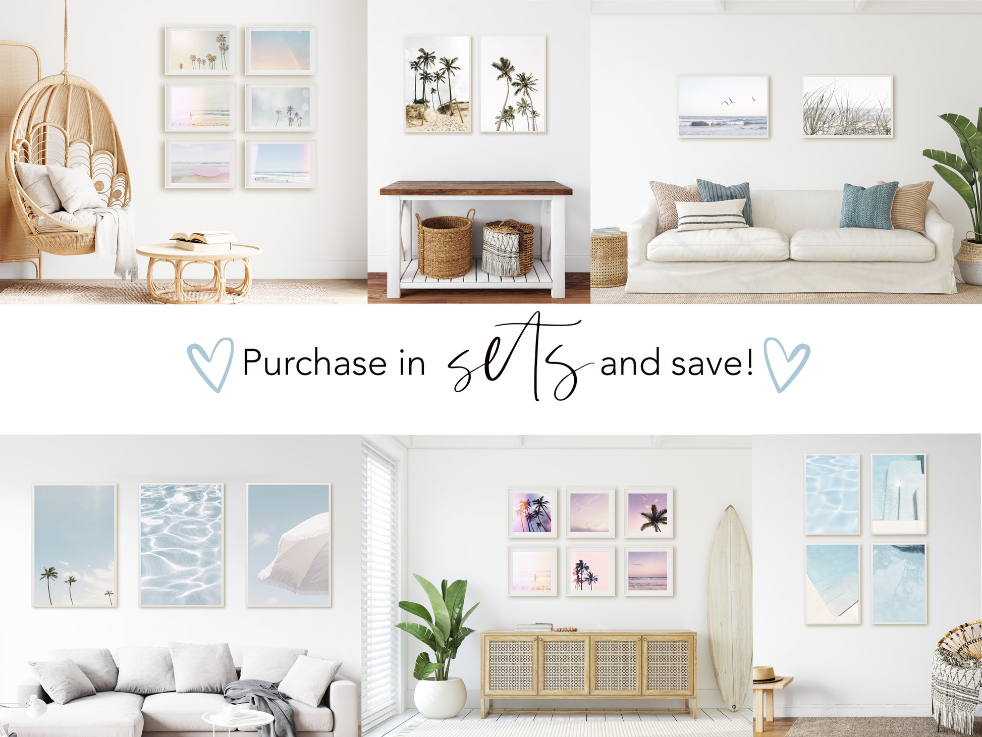 two pictures of a living room with white furniture