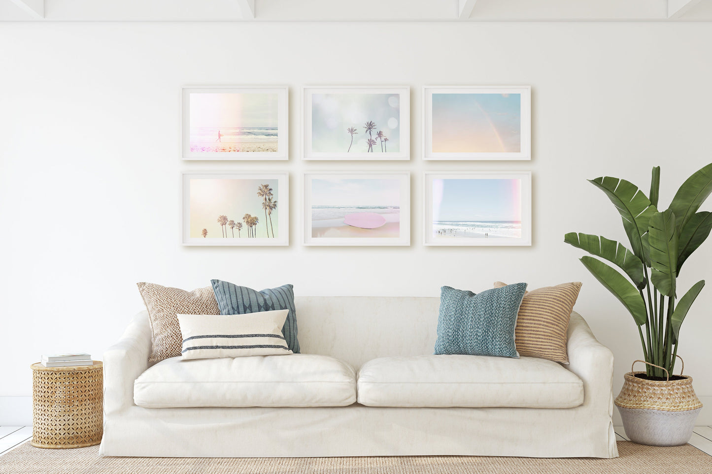 Pastel Surf Palms and Beach Wall Art Set