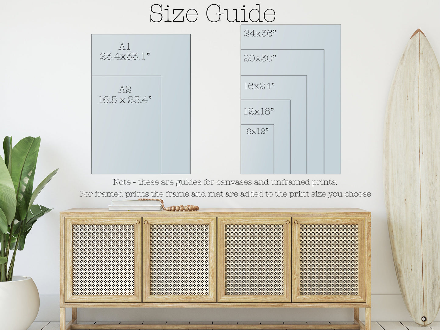 a surfboard is next to a sideboard with measurements